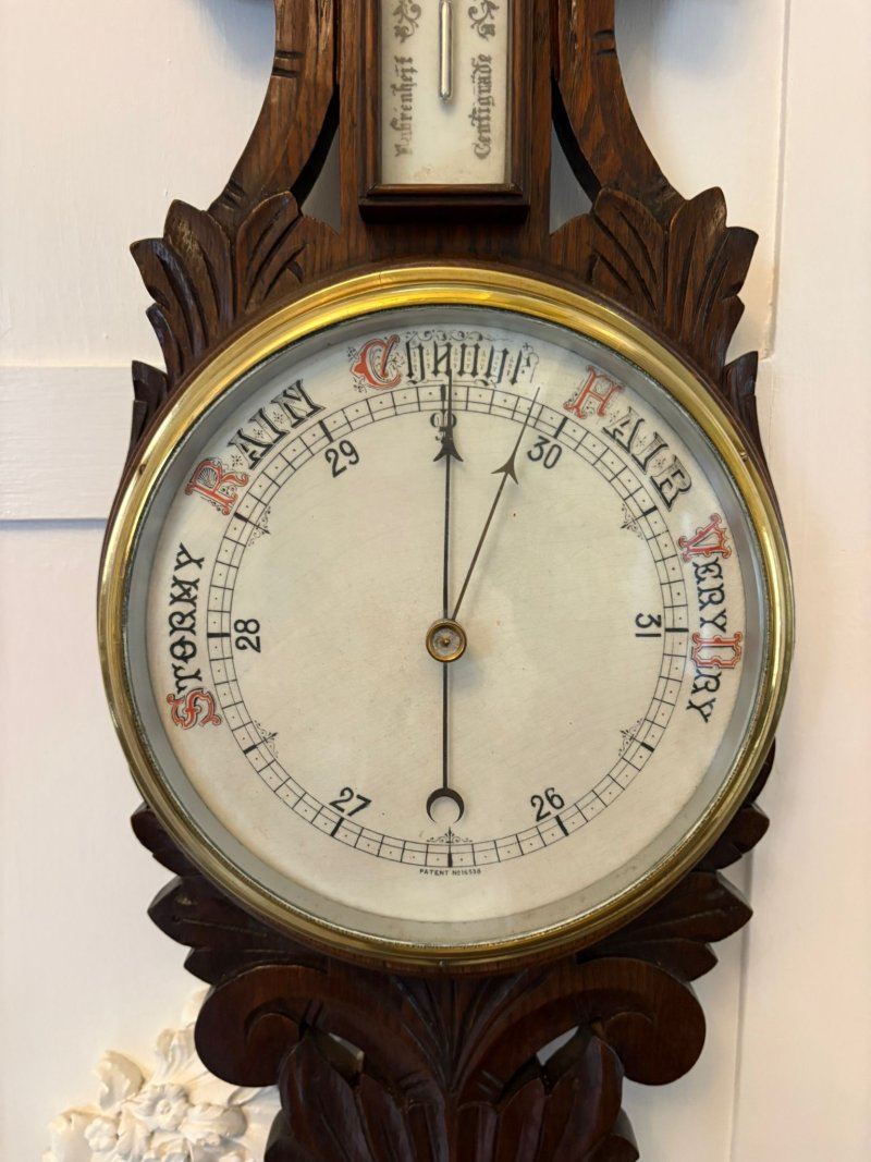 Antique Carved Oak Aneroid Barometer with Thermometer - Image 10